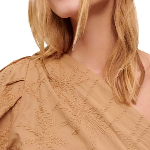 MAJE Lalmeto One Sleeve Tan BROWN Blouse Embroidered Cut Out Zipper Size 1 S - Picture 16 of 16
